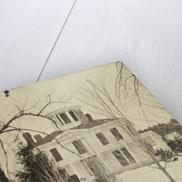 View of a wooden house (with turret or widow's walk or predatory walk) in the snow by Anonymous