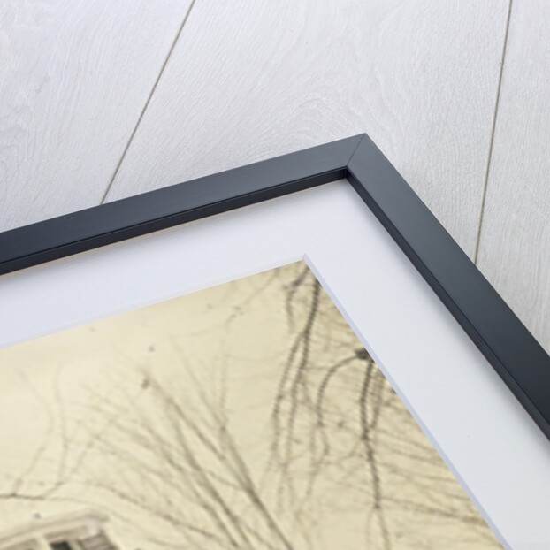 View of a wooden house (with turret or widow's walk or predatory walk) in the snow by Anonymous