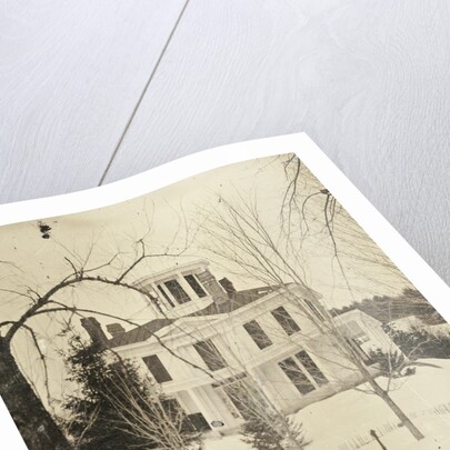 View of a wooden house (with turret or widow's walk or predatory walk) in the snow by Anonymous