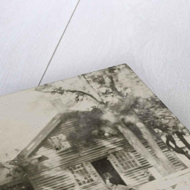 View of a wooden house, with five people and a dog by Anonymous