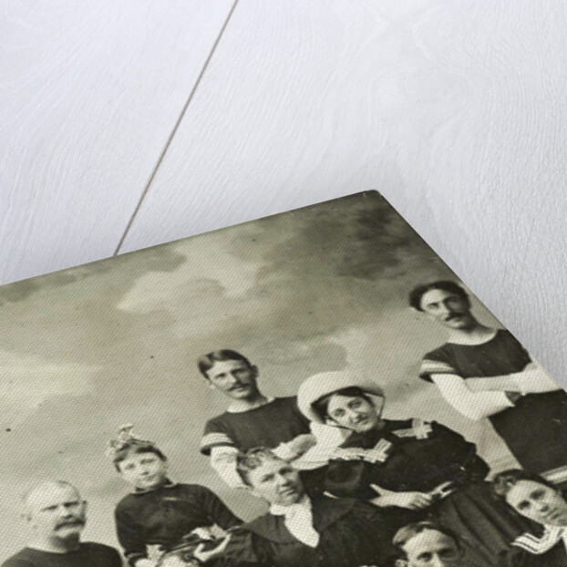 Group portrait of five men, three women and a girl in swimwear for a painted background with a cloudy sky by Christoph Martin Wieland