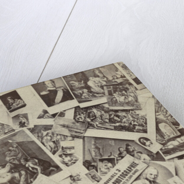 Composition of prints, with a piece of text with the address of the photographer by Jules Raudnitz