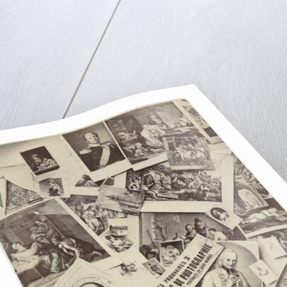 Composition of prints, with a piece of text with the address of the photographer by Jules Raudnitz