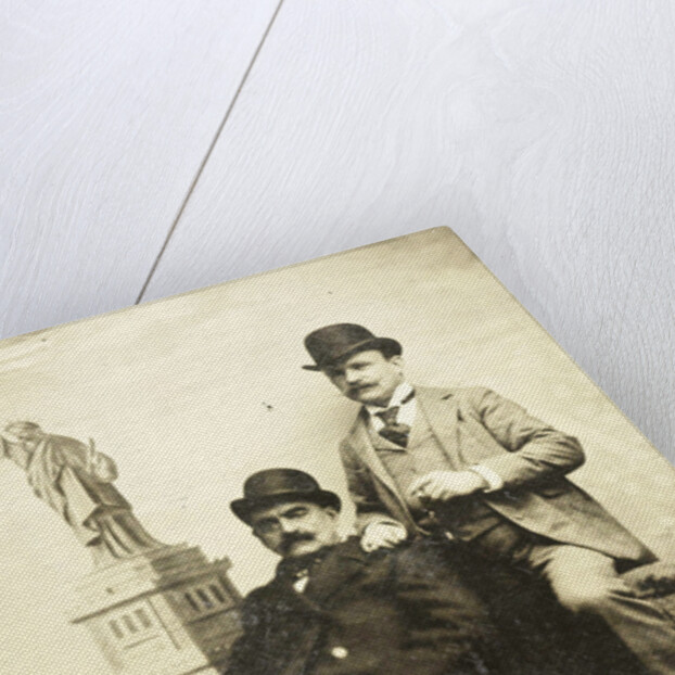 Portrait of two men for a painted backdrop with the Statue of Liberty in New York, USA by Anonymous