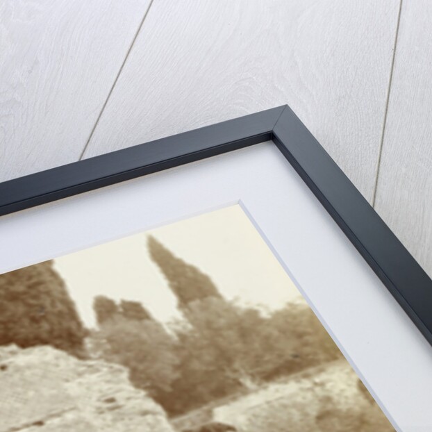 Group portrait of five women (one of whom is behind a camera) and two men for a ruin in Italy or France by Anonymous