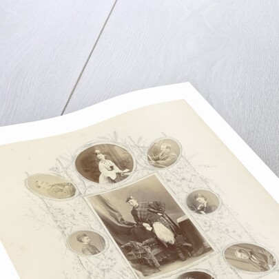 Photo album with pictures surrounded by pen drawings by Anonymous