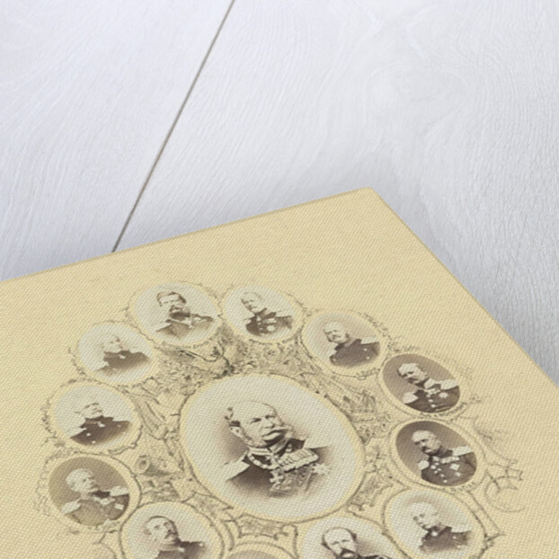 Portrait of King Wilhelm I of Prussia, surrounded by smaller portraits of Bismarck and his generals by H. Prothmann