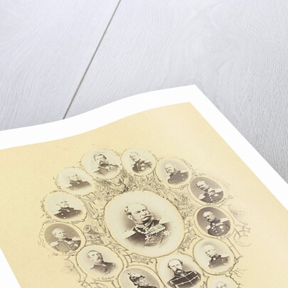 Portrait of King Wilhelm I of Prussia, surrounded by smaller portraits of Bismarck and his generals by H. Prothmann