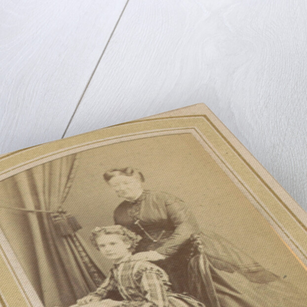 Portrait of a girl in a dress with tartan and a woman in a dress at a table with books by Anonymous