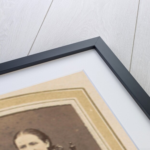 Portrait of a woman in a plaid dress with a baby on lap by E. Steffen