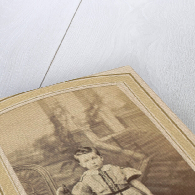 Portrait of a little girl in a dress with a toy horse by Franz Wilhelm Deutmann