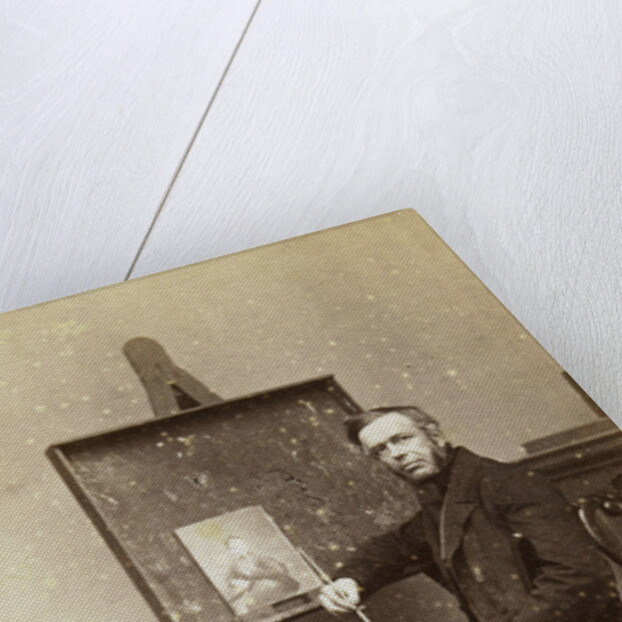 Portrait painter sitting near an easel with a portrait, palette and brushes, and a paint box on the table (self-portrait Leonard the Koningh?) by L. de Koningh