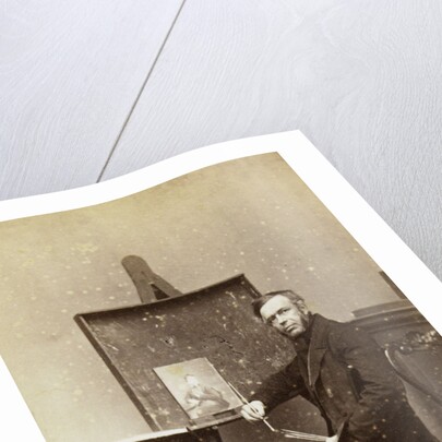 Portrait painter sitting near an easel with a portrait, palette and brushes, and a paint box on the table (self-portrait Leonard the Koningh?) by L. de Koningh