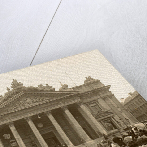 Exterior of the Brussels Stock Exchange with the foreground passersby and horses, seen from Anspach, Belgium by Anonymous