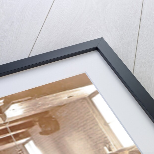 Interior of a brewery: wooden barrels and bottles on shelves by Anonymous