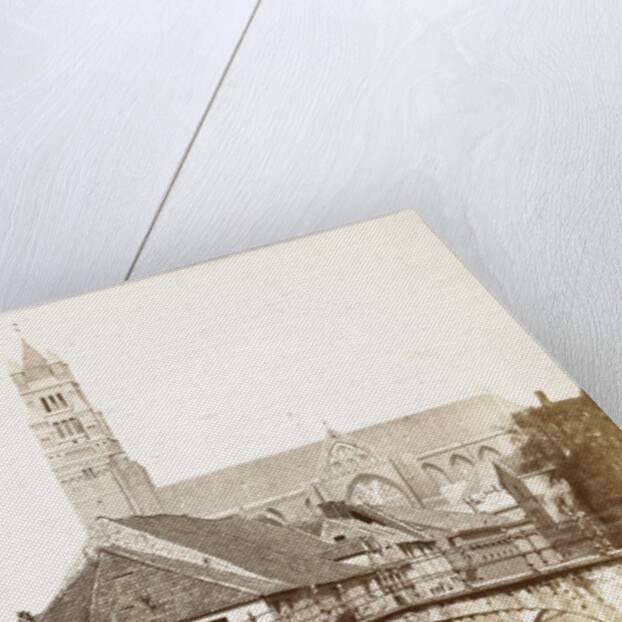 View of a gate, a bridge and a church in Bruges, Belgium by Victor Daveluy