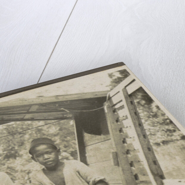 Two Indian boys sitting in roofed wooden boat by Anonymous