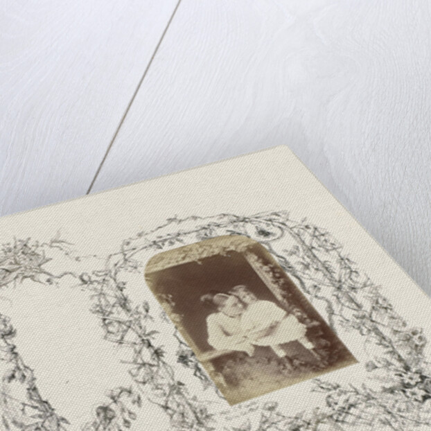 Portrait of Mrs. T. P. and Tom Carter at studio window, bordered by a drawing of flora with fencing and winch by Anonymous