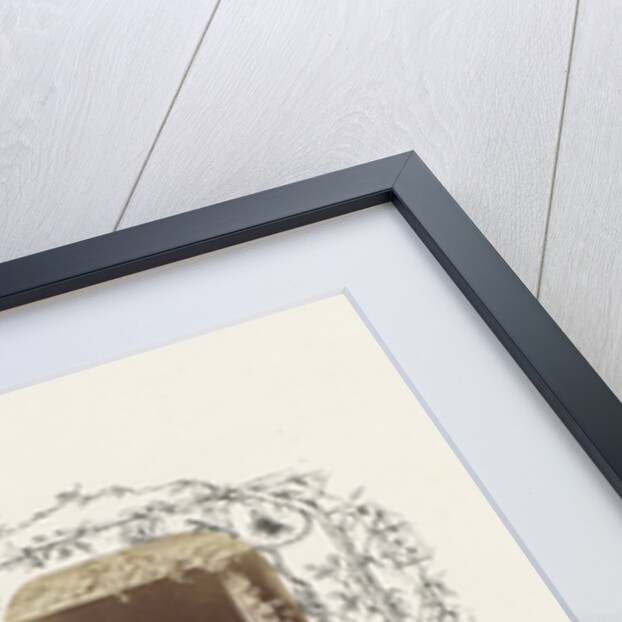 Portrait of Mrs. T. P. and Tom Carter at studio window, bordered by a drawing of flora with fencing and winch by Anonymous