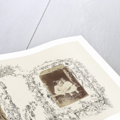 Portrait of Mrs. T. P. and Tom Carter at studio window, bordered by a drawing of flora with fencing and winch by Anonymous