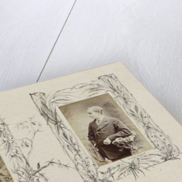 Portrait Neville Carter in rustic setting, bordered by drawing berries around fencing by Anonymous