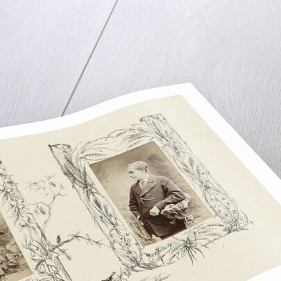 Portrait Neville Carter in rustic setting, bordered by drawing berries around fencing by Anonymous