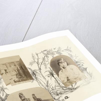 Egypt Colossi of Memnon, Thebes bordered by drawing flora by Anonymous