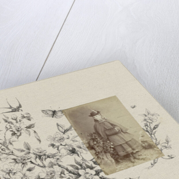 Portrait of M. P. Salmon as a girl in rustic setting bordered by drawing flora by Anonymous