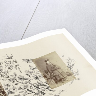 Portrait of M. P. Salmon as a girl in rustic setting bordered by drawing flora by Anonymous