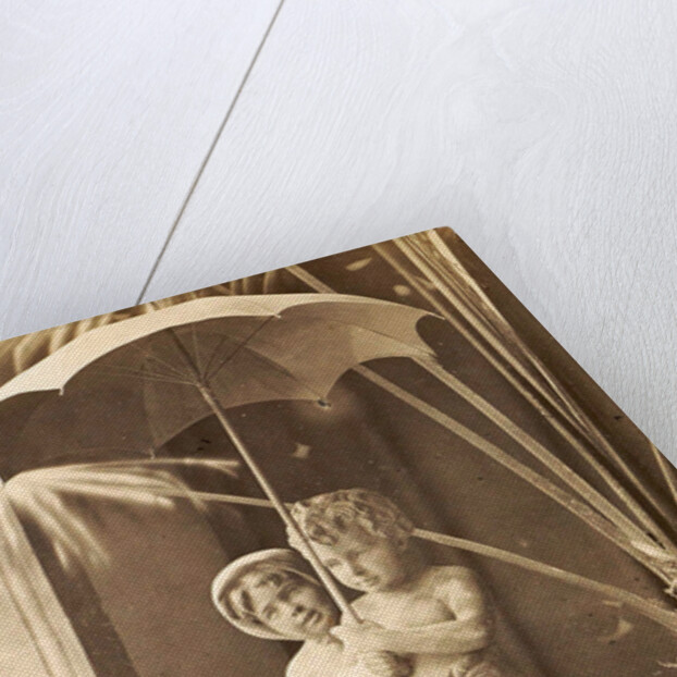 Picture of two children under an umbrella in the midst of plants, exhibited at the Paris, France World Exhibition in 1889 by Anonymous