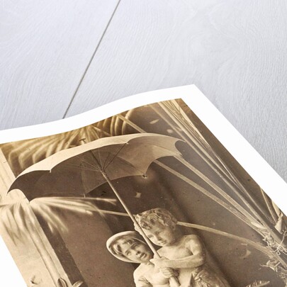 Picture of two children under an umbrella in the midst of plants, exhibited at the Paris, France World Exhibition in 1889 by Anonymous