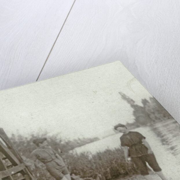 Two women at a stairway on the bank of a river or lake by Anonymous