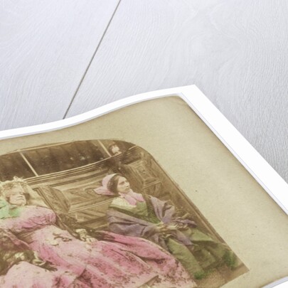 Scene in interior: young woman with sleeping elderly woman, another woman is looking to corner by Anonymous