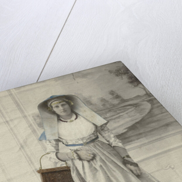 Portrait of a woman in Zaanse costume posing for a background cloth by S. Bakker Jz.