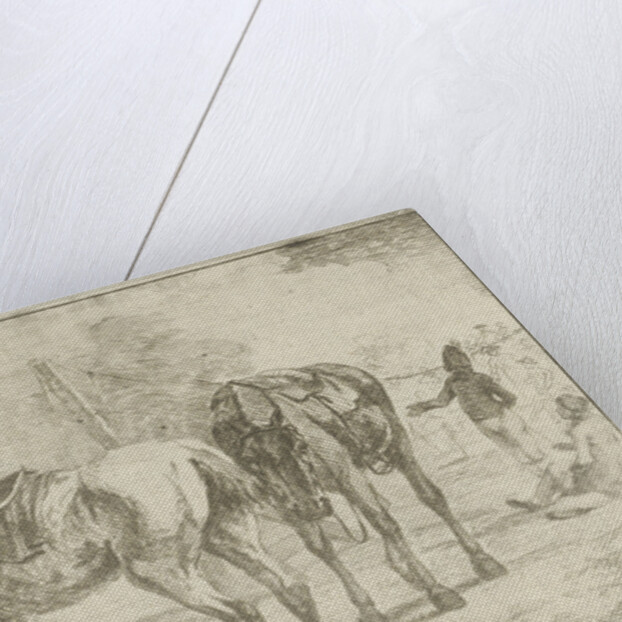 Two saddled horses at an army camp by Dirk Langendijk