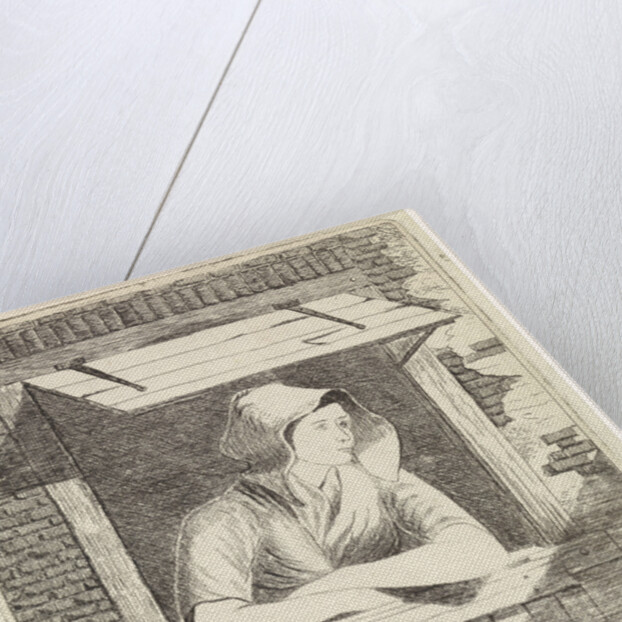 A woman with a hood on the head leaning out a window with horizontal blinds by J.H. Pluygers