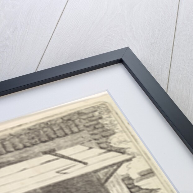 A woman with a hood on the head leaning out a window with horizontal blinds by J.H. Pluygers