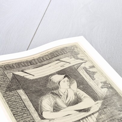 A woman with a hood on the head leaning out a window with horizontal blinds by J.H. Pluygers