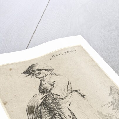 Woman with towel on her arm behind her basket on the ground by Salomon Savery