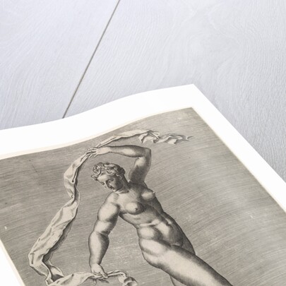 Diana as the moon goddess Luna on a cloud, the moon on the forehead, from a series of prints with planets by Pieter Valck