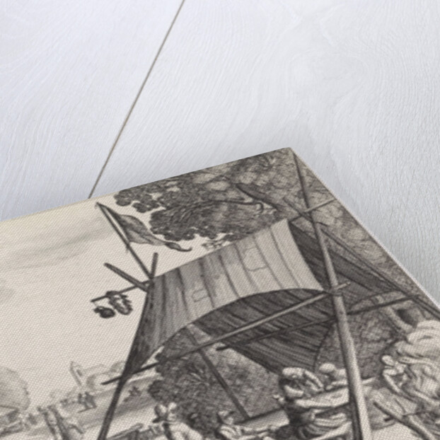 Under a tent are some peasants drinking at a table by Jan van de Velde II