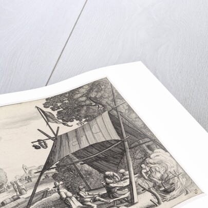 Under a tent are some peasants drinking at a table by Jan van de Velde II