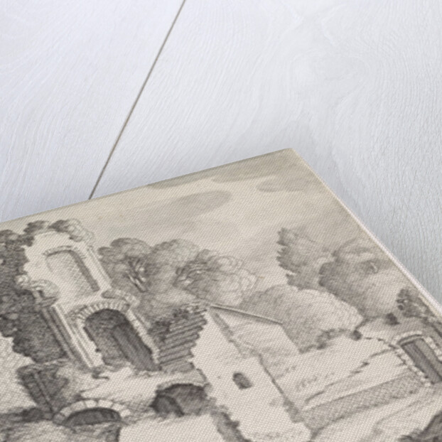 Two riders seen from behind on a path along a ruin by Jan van de Velde II