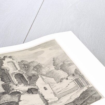 Two riders seen from behind on a path along a ruin by Jan van de Velde II