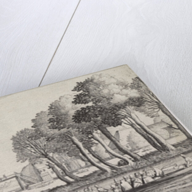 On a river, passengers in large rowboats approaching a village by Jan van de Velde II