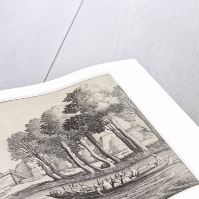 On a river, passengers in large rowboats approaching a village by Jan van de Velde II