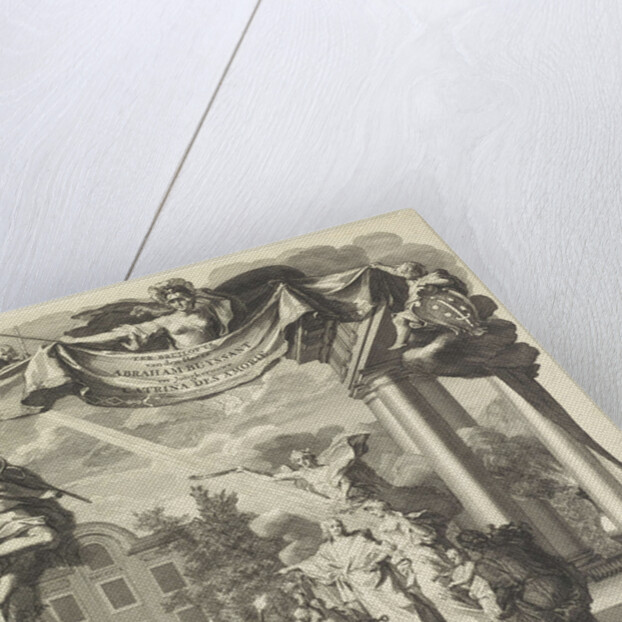 The wedding couple is standing on the steps of a classical buildin by Jan Wandelaar