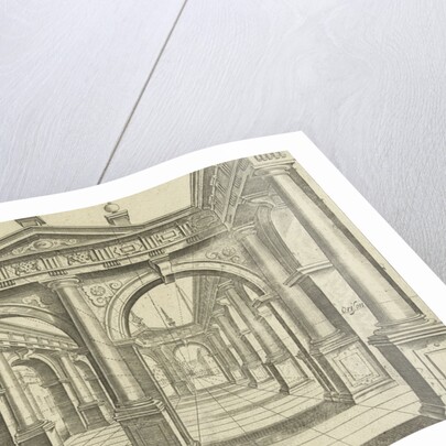 building with double bow in the middle in Doric style by Hans Vredeman de Vries