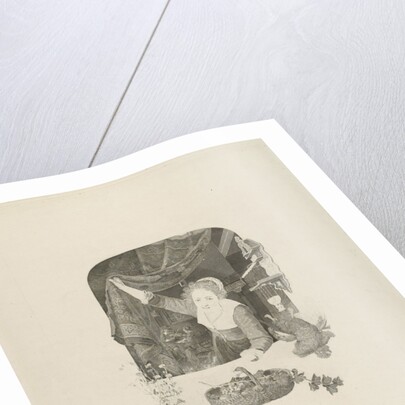 A young woman with a basket of fruit in her hand in a window by Henricus Wilhelmus Couwenberg