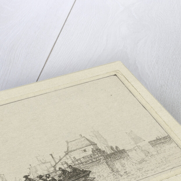 River view with rowing boat at pier by Albertus Brondgeest